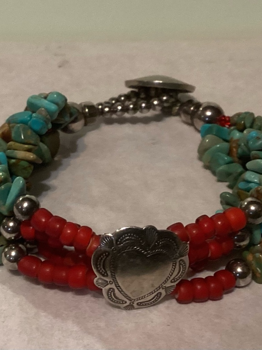 Vintage Paige Wallace Turquoise With Red and Silver Beads Bracelet